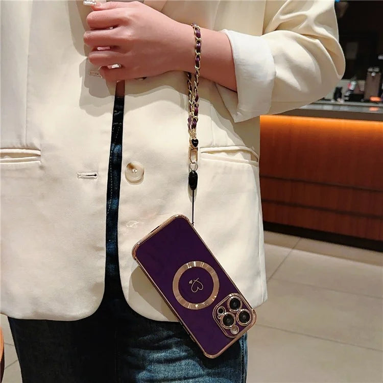 For iPhone 15 Pro Max Case Compatible with MagSafe Electroplated Love Hearts TPU Phone Cover with Chain Strap