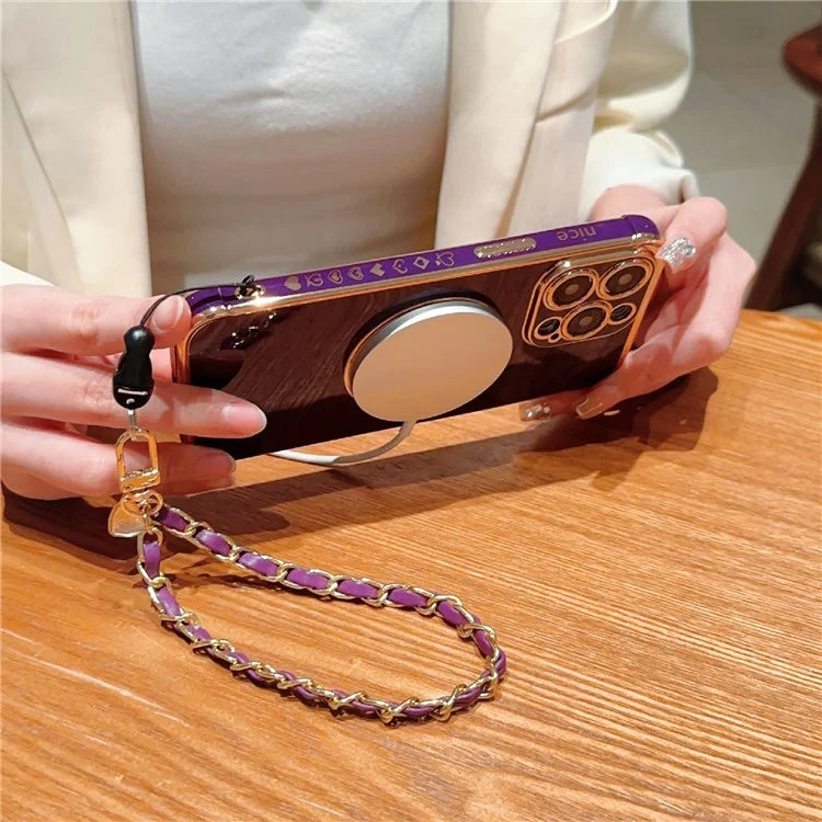 For iPhone 15 Pro Max Case Compatible with MagSafe Electroplated Love Hearts TPU Phone Cover with Chain Strap