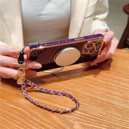 For iPhone 15 Pro Max Case Compatible with MagSafe Electroplated Love Hearts TPU Phone Cover with Chain Strap