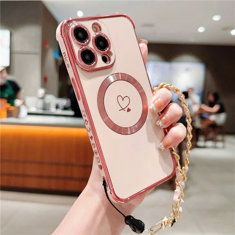 For iPhone 15 Pro Max Case Compatible with MagSafe Electroplated Love Hearts TPU Phone Cover with Chain Strap