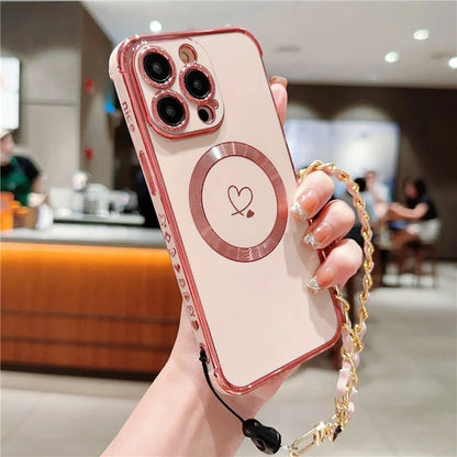 For iPhone 15 Pro Max Case Compatible with MagSafe Electroplated Love Hearts TPU Phone Cover with Chain Strap