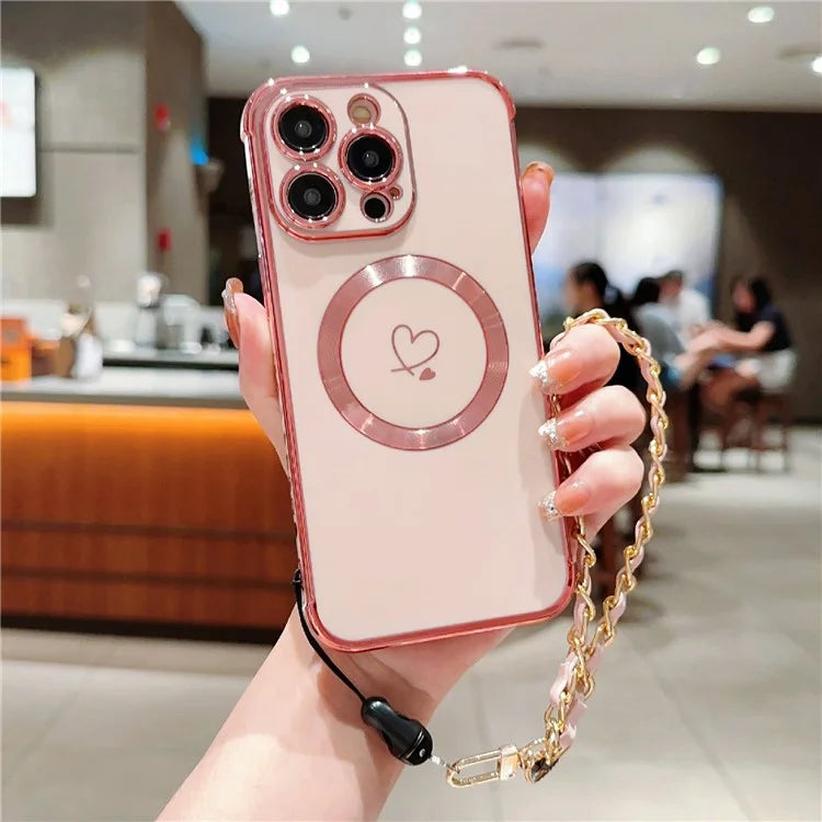 For iPhone 15 Pro Max Case Compatible with MagSafe Electroplated Love Hearts TPU Phone Cover with Chain Strap
