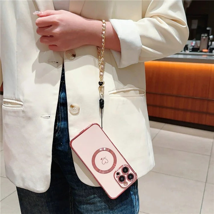 For iPhone 15 Pro Max Case Compatible with MagSafe Electroplated Love Hearts TPU Phone Cover with Chain Strap