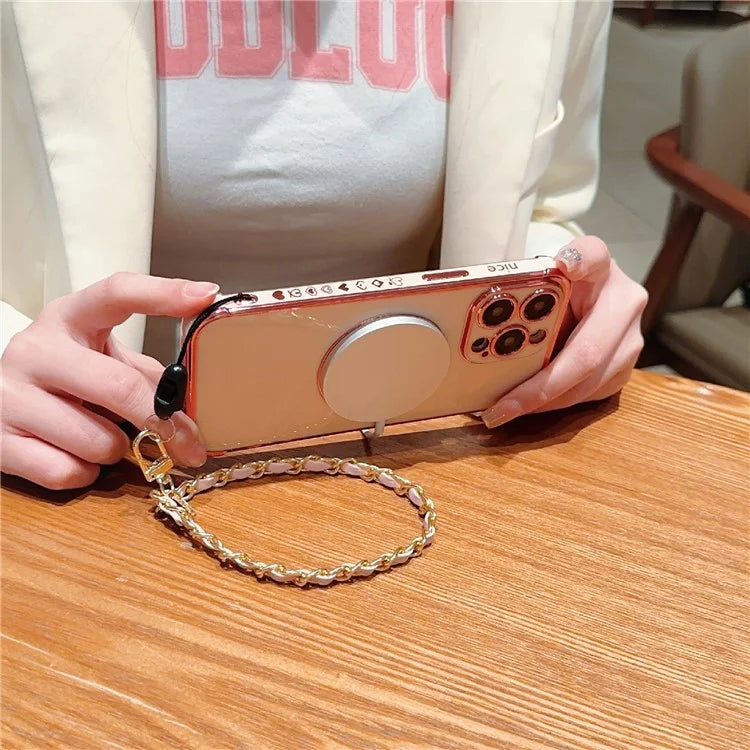 For iPhone 15 Pro Max Case Compatible with MagSafe Electroplated Love Hearts TPU Phone Cover with Chain Strap