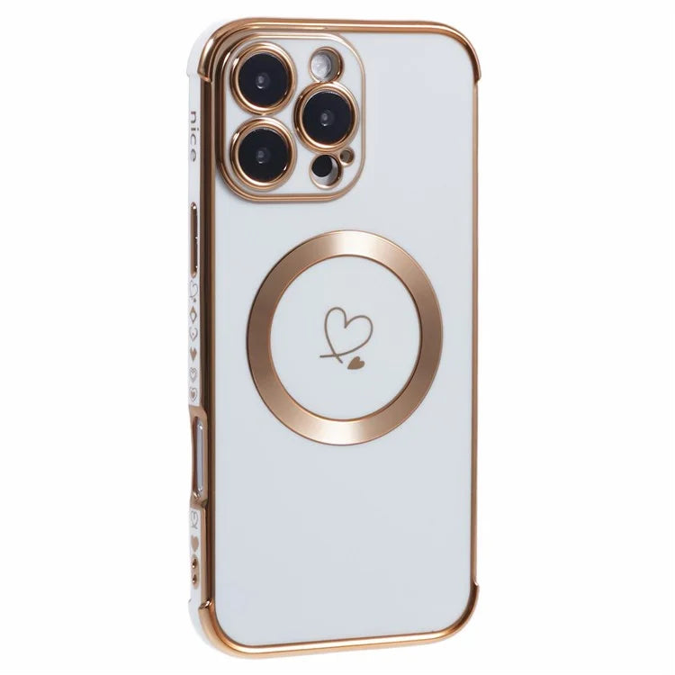 For iPhone 16 Pro Case Compatible with MagSafe Electroplated Love Hearts TPU Phone Cover with Chain Strap