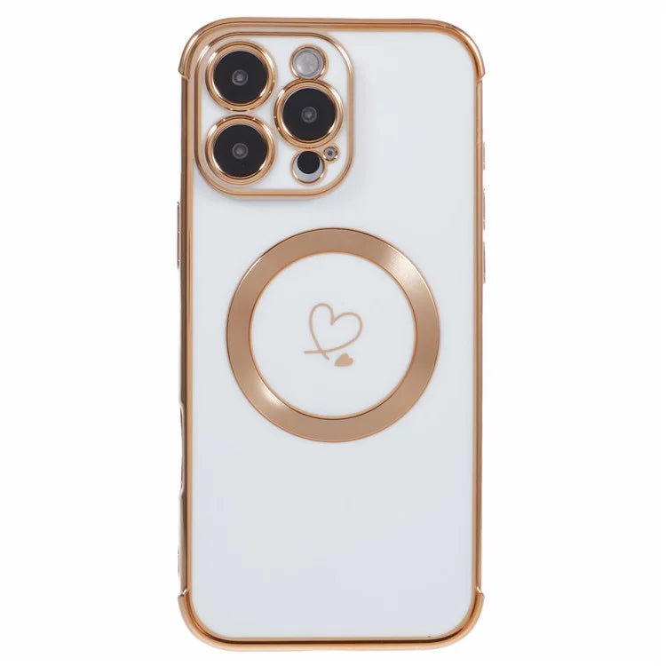 For iPhone 16 Pro Case Compatible with MagSafe Electroplated Love Hearts TPU Phone Cover with Chain Strap