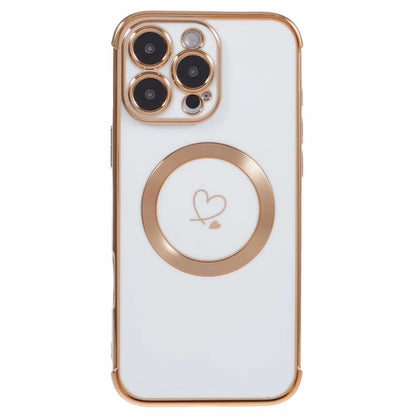 For iPhone 16 Pro Case Compatible with MagSafe Electroplated Love Hearts TPU Phone Cover with Chain Strap