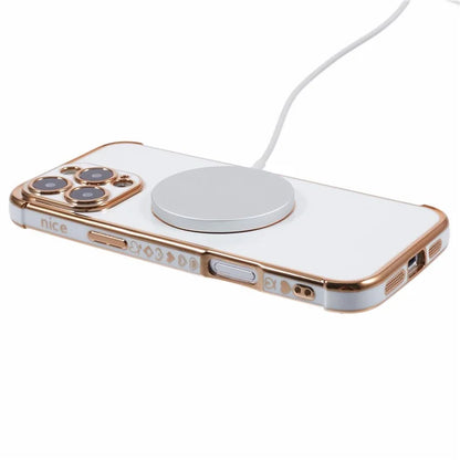 For iPhone 16 Pro Case Compatible with MagSafe Electroplated Love Hearts TPU Phone Cover with Chain Strap