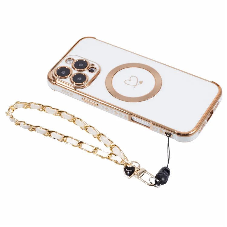 For iPhone 16 Pro Case Compatible with MagSafe Electroplated Love Hearts TPU Phone Cover with Chain Strap