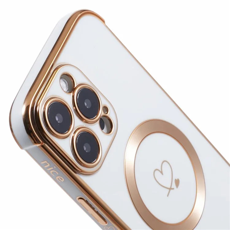 For iPhone 16 Pro Case Compatible with MagSafe Electroplated Love Hearts TPU Phone Cover with Chain Strap