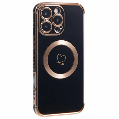 For iPhone 16 Pro Case Compatible with MagSafe Electroplated Love Hearts TPU Phone Cover with Chain Strap