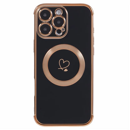 For iPhone 16 Pro Case Compatible with MagSafe Electroplated Love Hearts TPU Phone Cover with Chain Strap