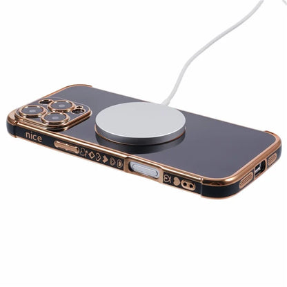 For iPhone 16 Pro Case Compatible with MagSafe Electroplated Love Hearts TPU Phone Cover with Chain Strap