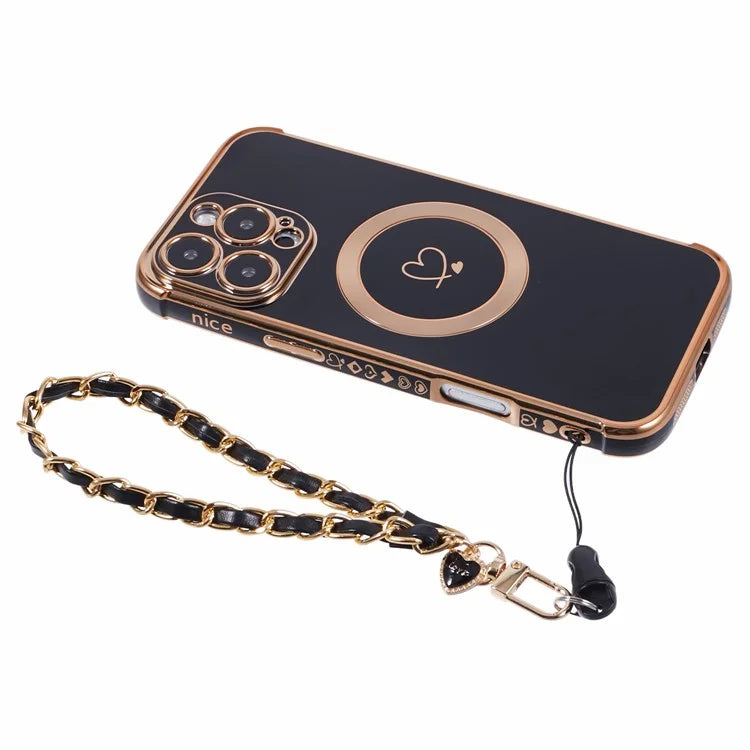 For iPhone 16 Pro Case Compatible with MagSafe Electroplated Love Hearts TPU Phone Cover with Chain Strap