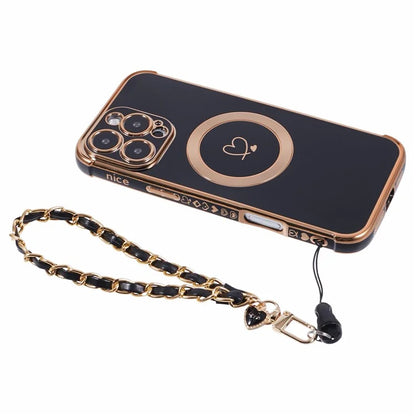 For iPhone 16 Pro Case Compatible with MagSafe Electroplated Love Hearts TPU Phone Cover with Chain Strap