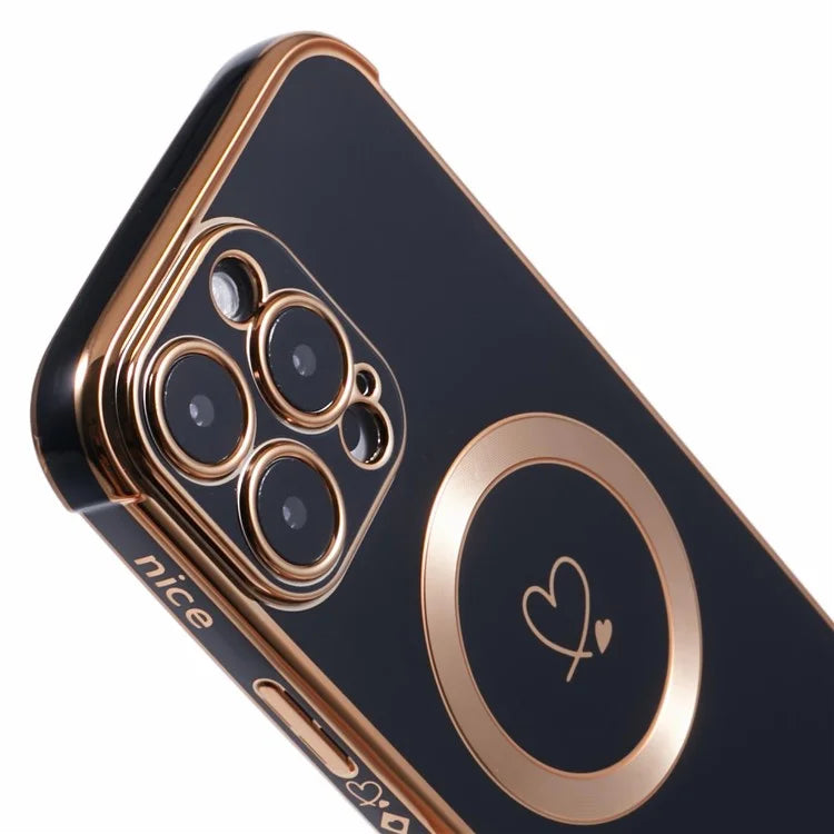 For iPhone 16 Pro Case Compatible with MagSafe Electroplated Love Hearts TPU Phone Cover with Chain Strap