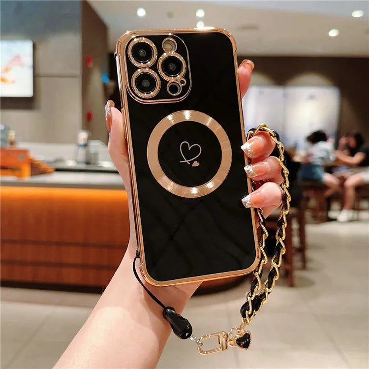 For iPhone 16 Pro Case Compatible with MagSafe Electroplated Love Hearts TPU Phone Cover with Chain Strap