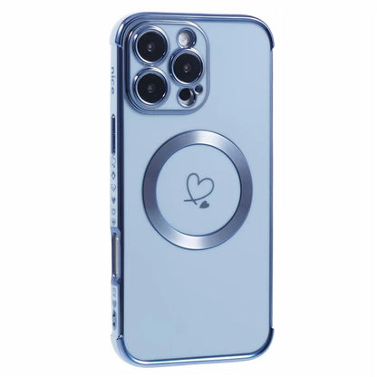 For iPhone 16 Pro Case Compatible with MagSafe Electroplated Love Hearts TPU Phone Cover with Chain Strap