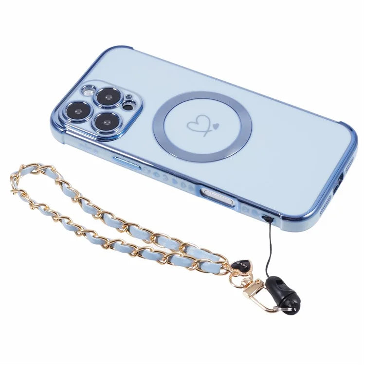 For iPhone 16 Pro Case Compatible with MagSafe Electroplated Love Hearts TPU Phone Cover with Chain Strap