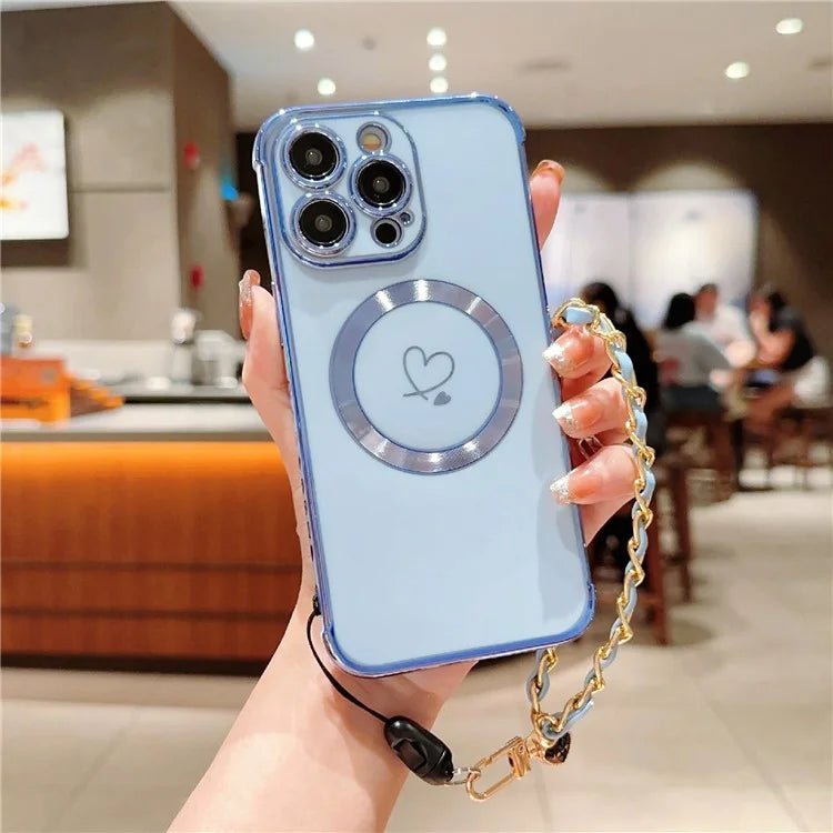 For iPhone 16 Pro Case Compatible with MagSafe Electroplated Love Hearts TPU Phone Cover with Chain Strap