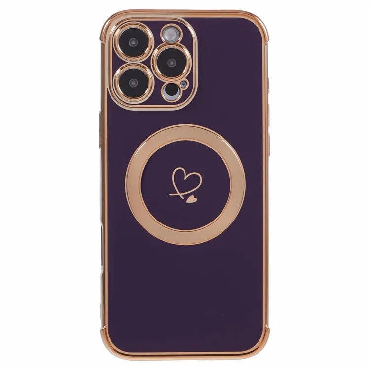 For iPhone 16 Pro Case Compatible with MagSafe Electroplated Love Hearts TPU Phone Cover with Chain Strap