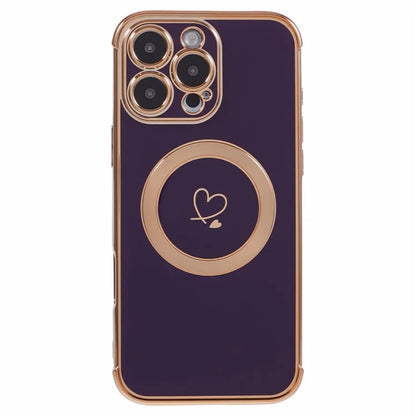 For iPhone 16 Pro Case Compatible with MagSafe Electroplated Love Hearts TPU Phone Cover with Chain Strap