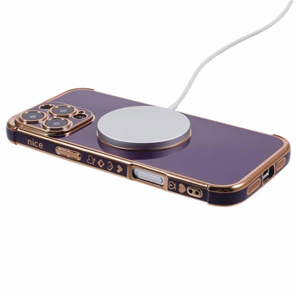 For iPhone 16 Pro Case Compatible with MagSafe Electroplated Love Hearts TPU Phone Cover with Chain Strap