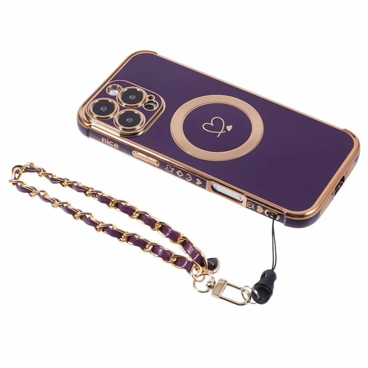 For iPhone 16 Pro Case Compatible with MagSafe Electroplated Love Hearts TPU Phone Cover with Chain Strap