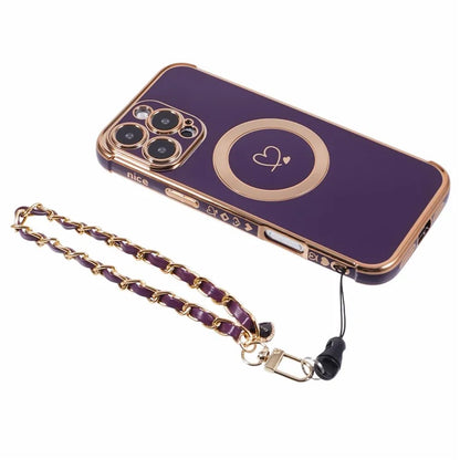 For iPhone 16 Pro Case Compatible with MagSafe Electroplated Love Hearts TPU Phone Cover with Chain Strap