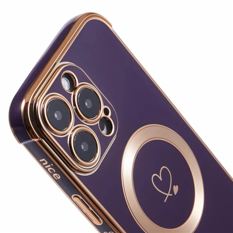 For iPhone 16 Pro Case Compatible with MagSafe Electroplated Love Hearts TPU Phone Cover with Chain Strap