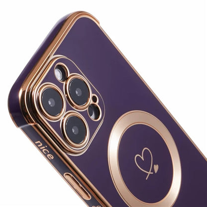 For iPhone 16 Pro Case Compatible with MagSafe Electroplated Love Hearts TPU Phone Cover with Chain Strap