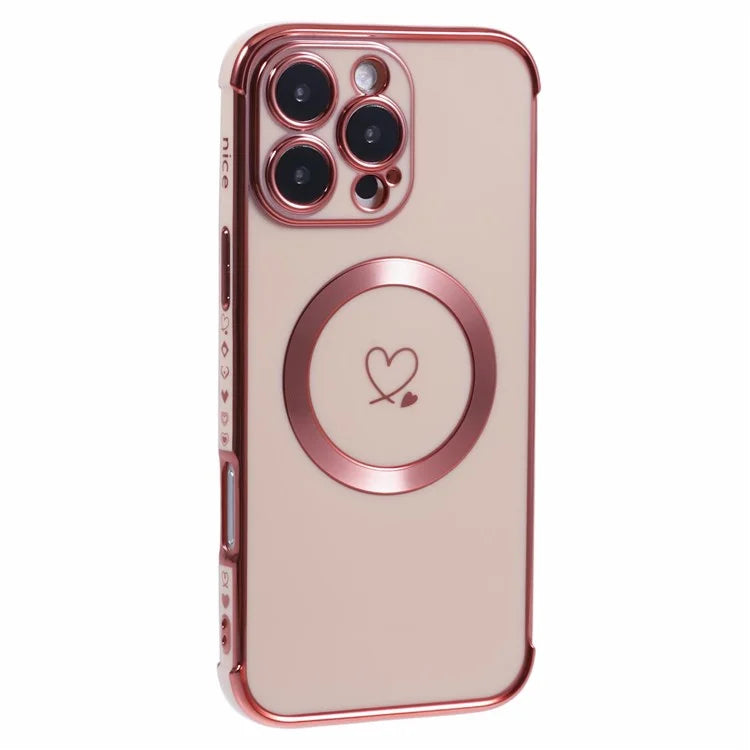 For iPhone 16 Pro Case Compatible with MagSafe Electroplated Love Hearts TPU Phone Cover with Chain Strap