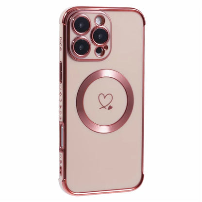 For iPhone 16 Pro Case Compatible with MagSafe Electroplated Love Hearts TPU Phone Cover with Chain Strap