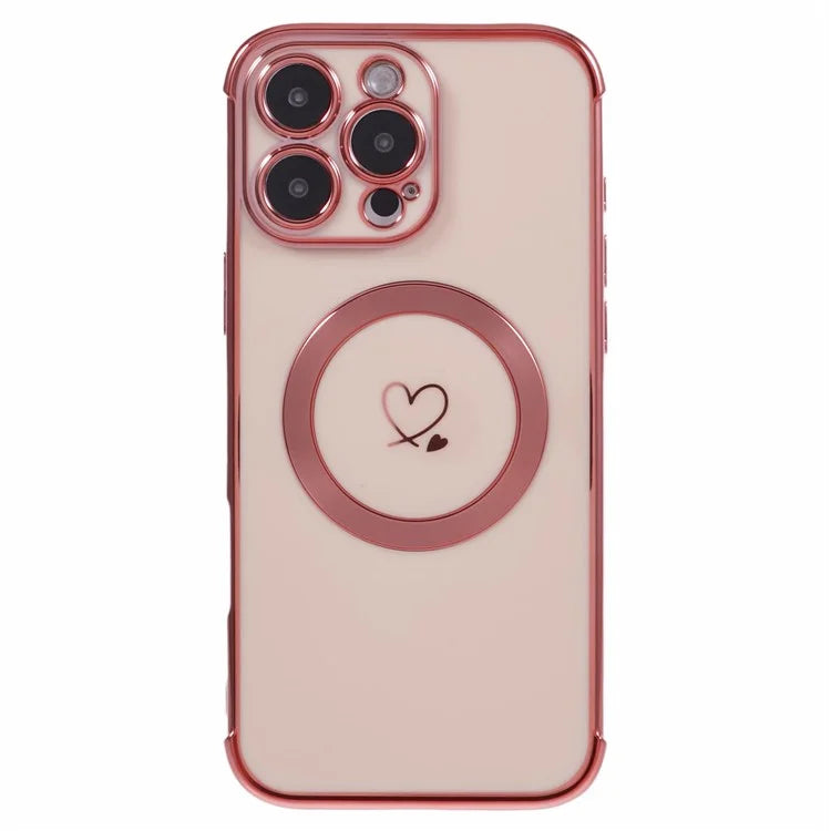 For iPhone 16 Pro Case Compatible with MagSafe Electroplated Love Hearts TPU Phone Cover with Chain Strap