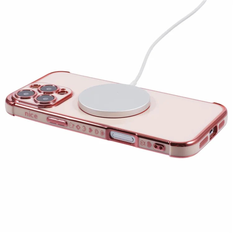 For iPhone 16 Pro Case Compatible with MagSafe Electroplated Love Hearts TPU Phone Cover with Chain Strap