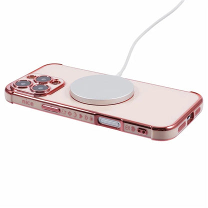 For iPhone 16 Pro Case Compatible with MagSafe Electroplated Love Hearts TPU Phone Cover with Chain Strap