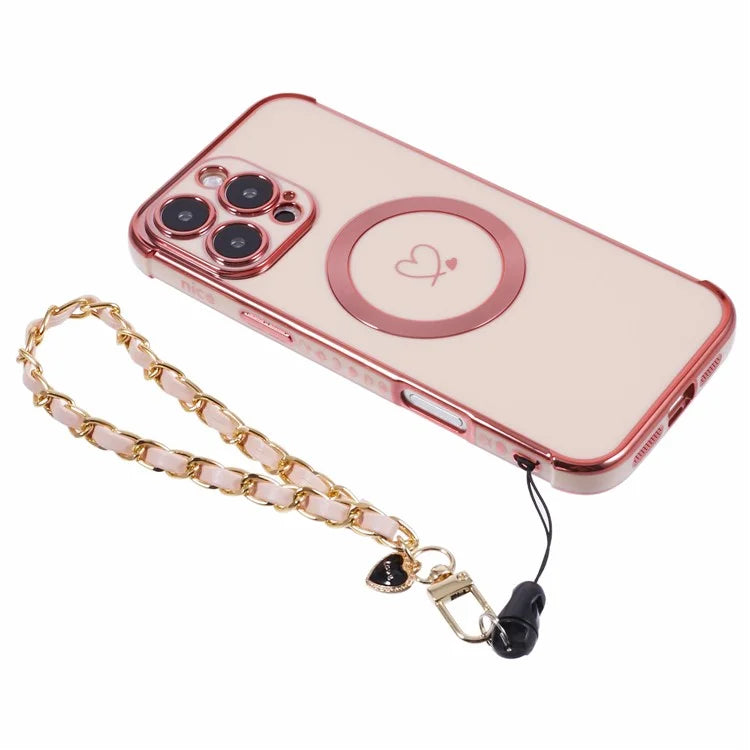 For iPhone 16 Pro Case Compatible with MagSafe Electroplated Love Hearts TPU Phone Cover with Chain Strap