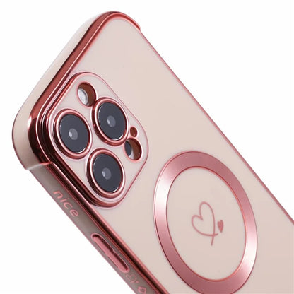 For iPhone 16 Pro Case Compatible with MagSafe Electroplated Love Hearts TPU Phone Cover with Chain Strap