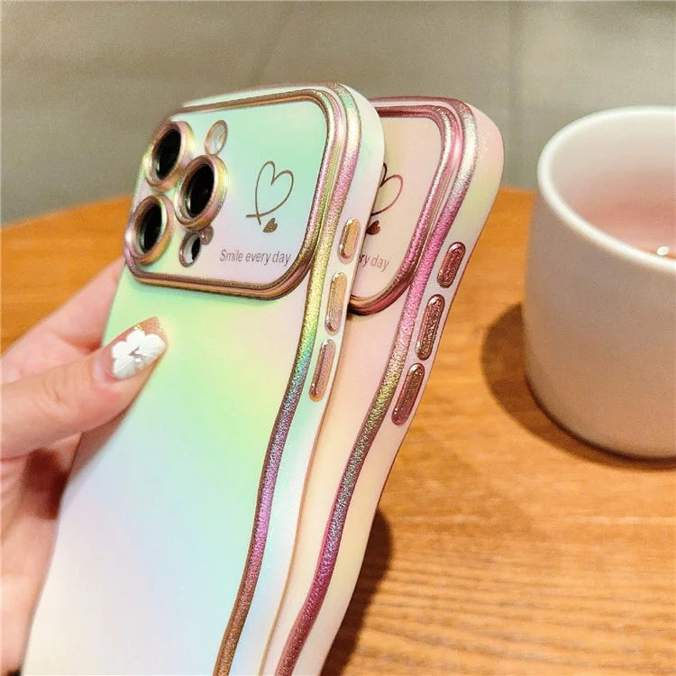 For iPhone 15 Pro Max Case Curly Shape Love Heart TPU Phone Cover Iridescent Gradient