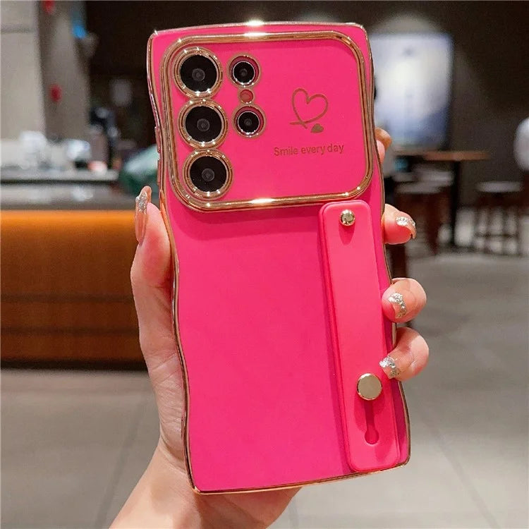 For Samsung Galaxy S24 Ultra Case Love Heart Electroplated TPU Phone Cover with Wrist Strap Kickstand