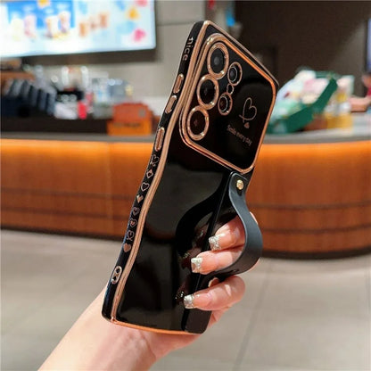 For Samsung Galaxy S23 Ultra Case Love Heart Electroplated TPU Phone Cover with Wrist Strap Kickstand