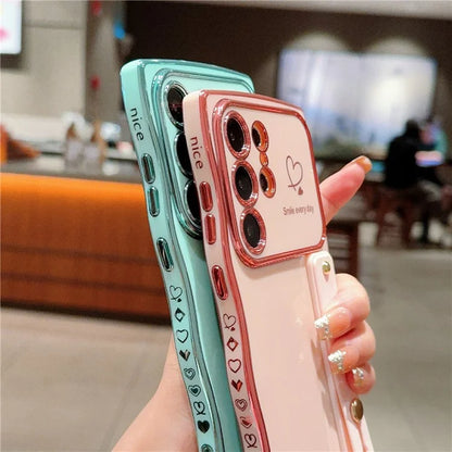 For Samsung Galaxy S23 Ultra Case Love Heart Electroplated TPU Phone Cover with Wrist Strap Kickstand