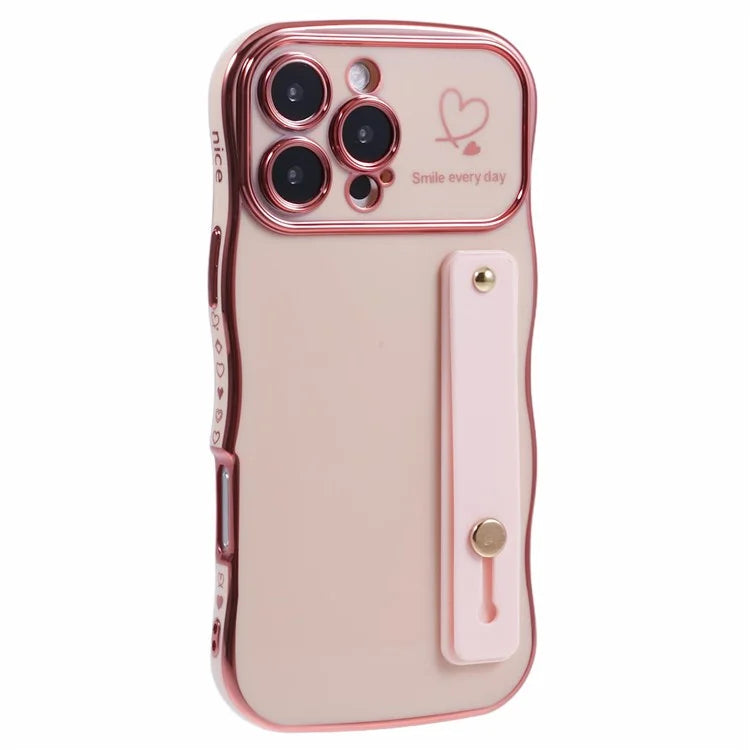 For iPhone 16 Pro Max Case Love Heart Electroplated TPU Phone Cover with Wrist Strap Kickstand