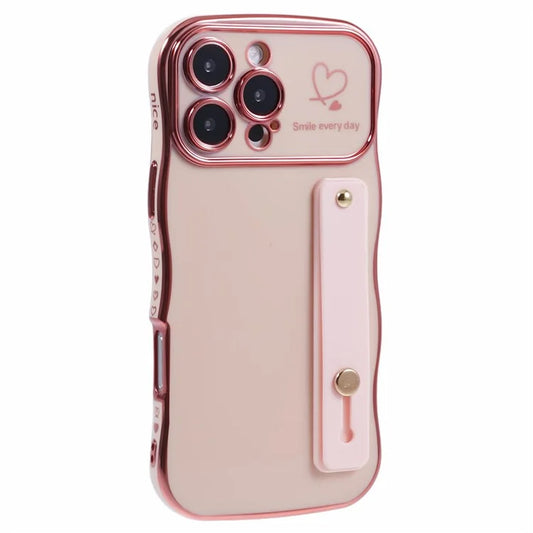 For iPhone 16 Pro Max Case Love Heart Electroplated TPU Phone Cover with Wrist Strap Kickstand