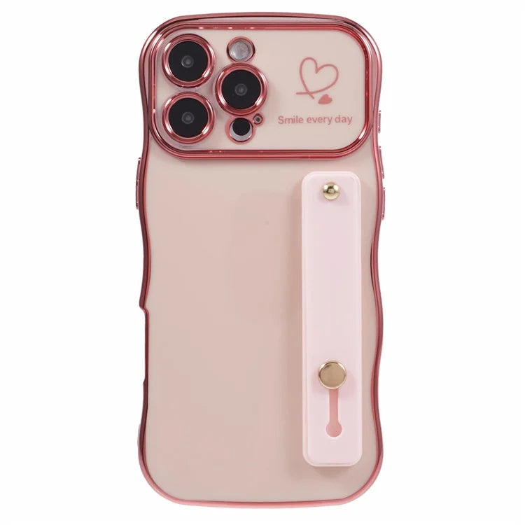 For iPhone 16 Pro Max Case Love Heart Electroplated TPU Phone Cover with Wrist Strap Kickstand