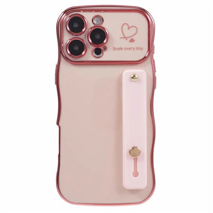 For iPhone 16 Pro Max Case Love Heart Electroplated TPU Phone Cover with Wrist Strap Kickstand