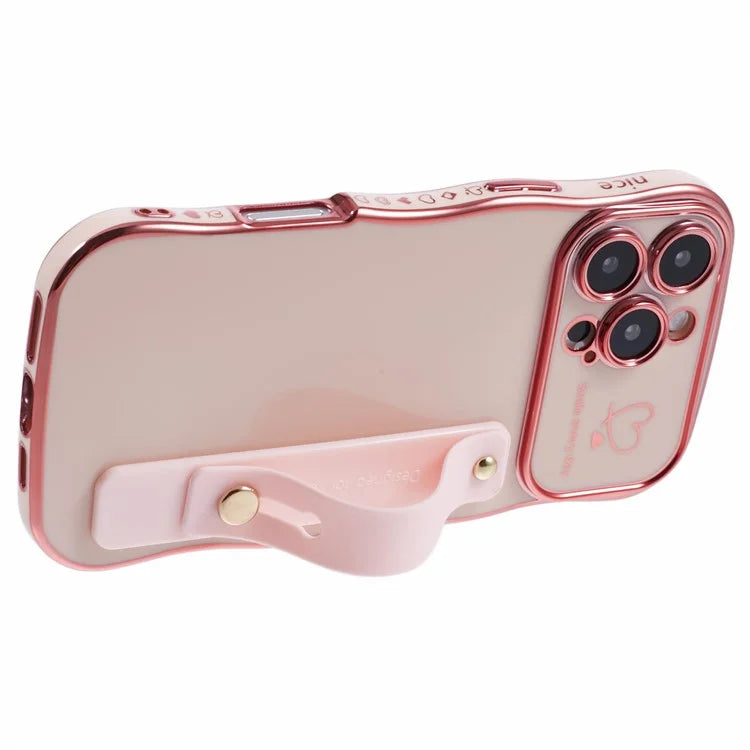 For iPhone 16 Pro Max Case Love Heart Electroplated TPU Phone Cover with Wrist Strap Kickstand
