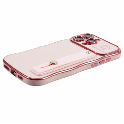 For iPhone 16 Pro Max Case Love Heart Electroplated TPU Phone Cover with Wrist Strap Kickstand