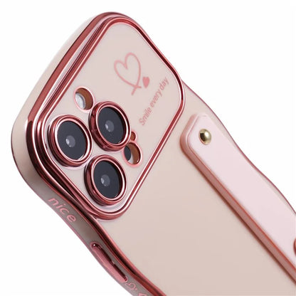 For iPhone 16 Pro Max Case Love Heart Electroplated TPU Phone Cover with Wrist Strap Kickstand