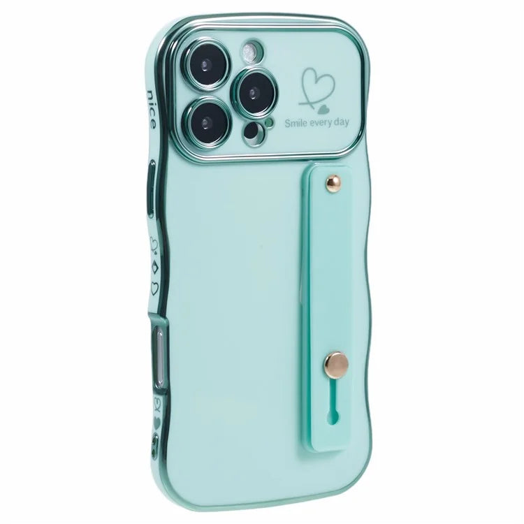 For iPhone 16 Pro Max Case Love Heart Electroplated TPU Phone Cover with Wrist Strap Kickstand